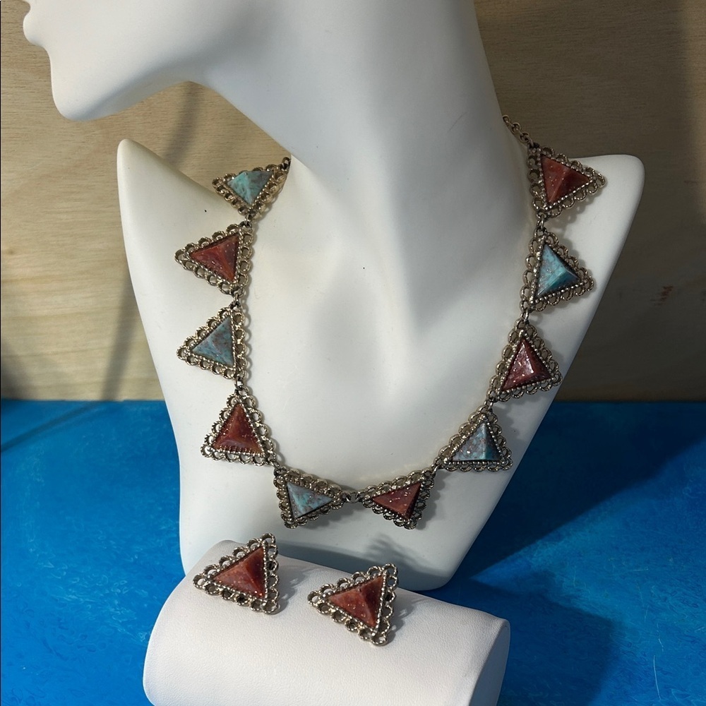 Vintage Triangular orange burn and Blue style Stone Necklace & clip Earring Set